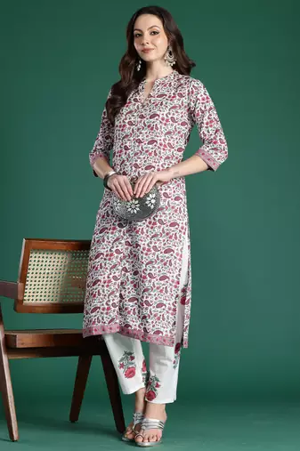 White printed pure cotton kurta trouser set