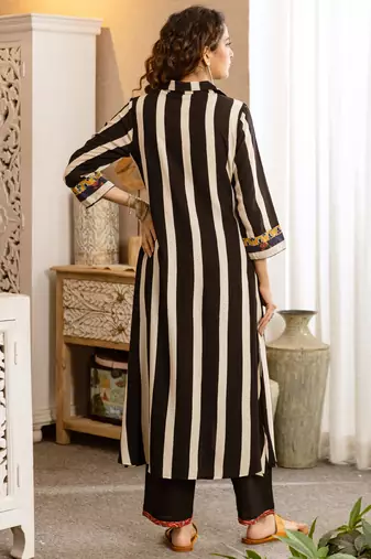 Black printed viscose rayon kurta trouser set