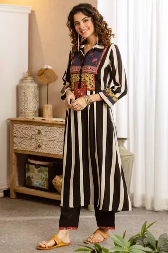 Black printed viscose rayon kurta trouser set