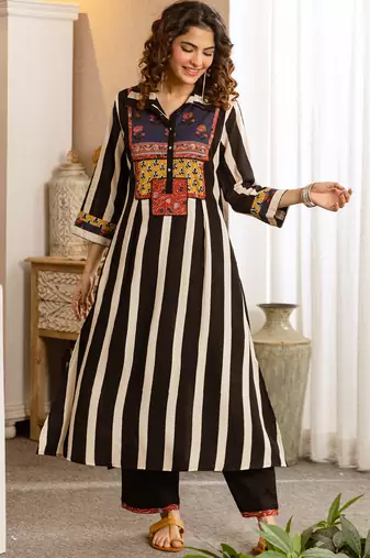 Black printed viscose rayon kurta trouser set