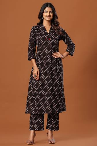 Black printed pure cotton kurta trouser set