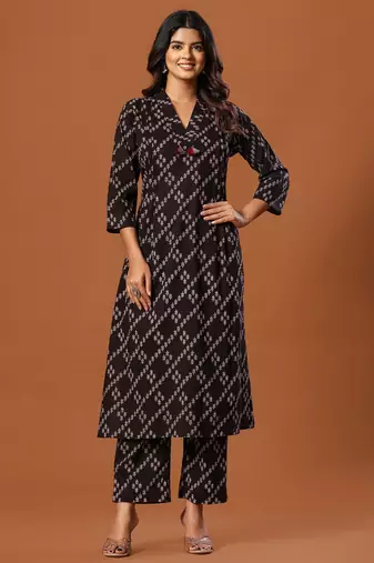 Black printed pure cotton kurta trouser set