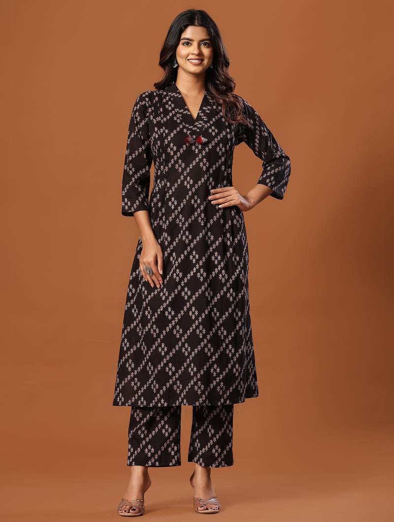 Black printed pure cotton kurta trouser set