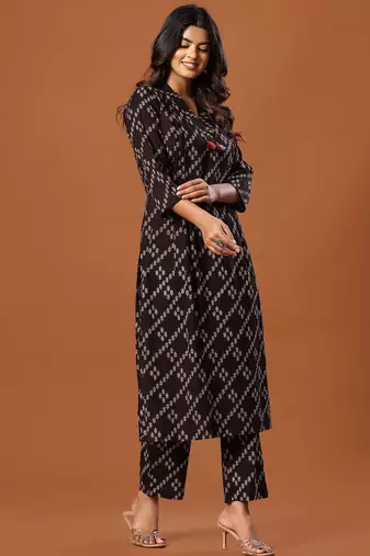 Black printed pure cotton kurta trouser set