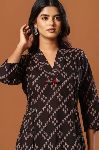 Black printed pure cotton kurta trouser set