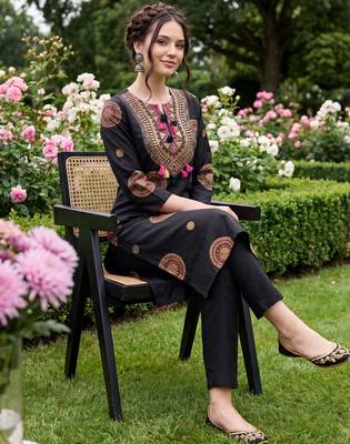 Black printed pure cotton kurta trouser set 1