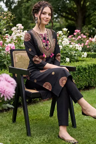Black printed pure cotton kurta trouser set