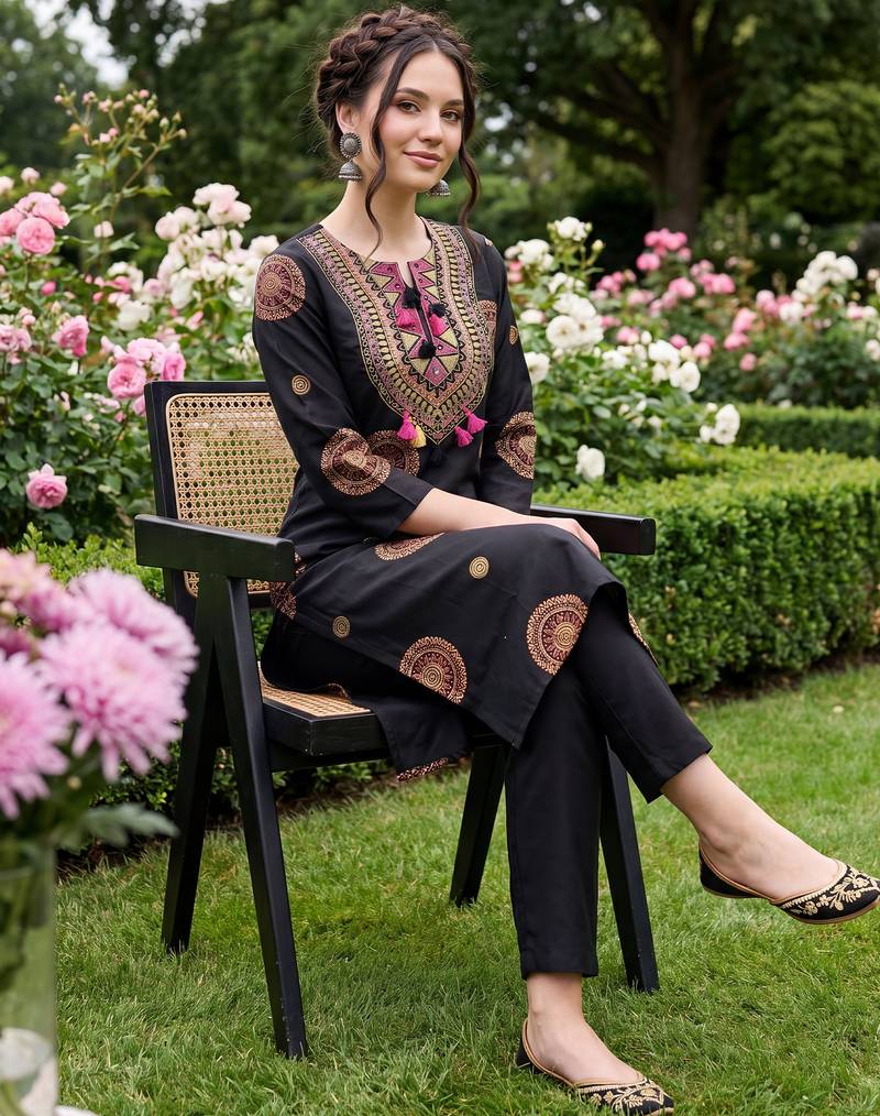 Black printed pure cotton kurta trouser set