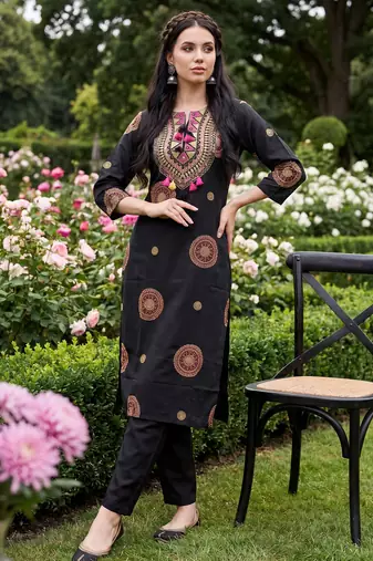 Black printed pure cotton kurta trouser set