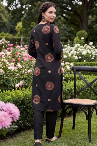 Black printed pure cotton kurta trouser set