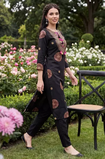 Black printed pure cotton kurta trouser set