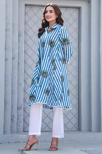 Multicolor printed pure cotton kurta trouser set