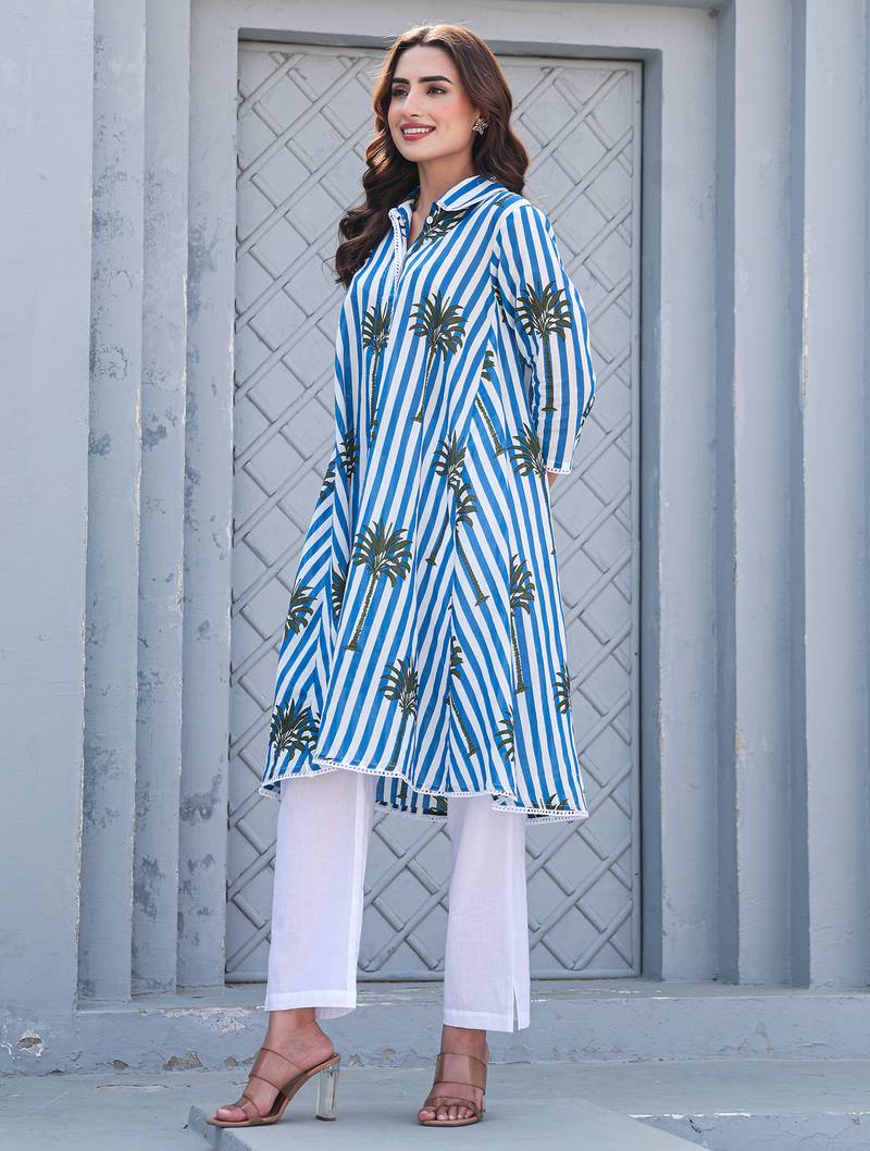 Multicolor printed pure cotton kurta trouser set