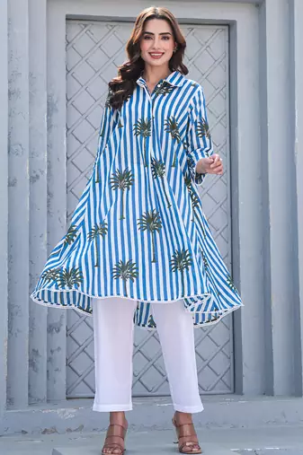 Multicolor printed pure cotton kurta trouser set