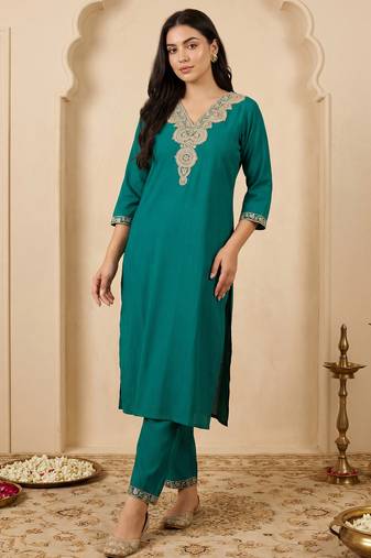 Green embroidered pure cotton kurta trouser set