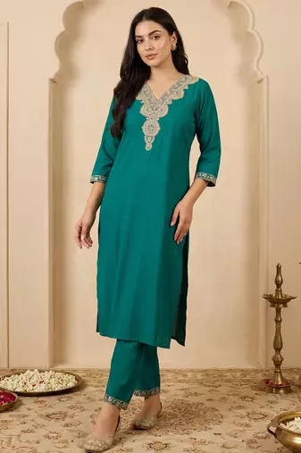 Green embroidered pure cotton kurta trouser set