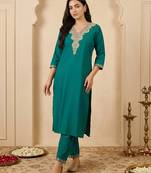 Green embroidered pure cotton kurta trouser set