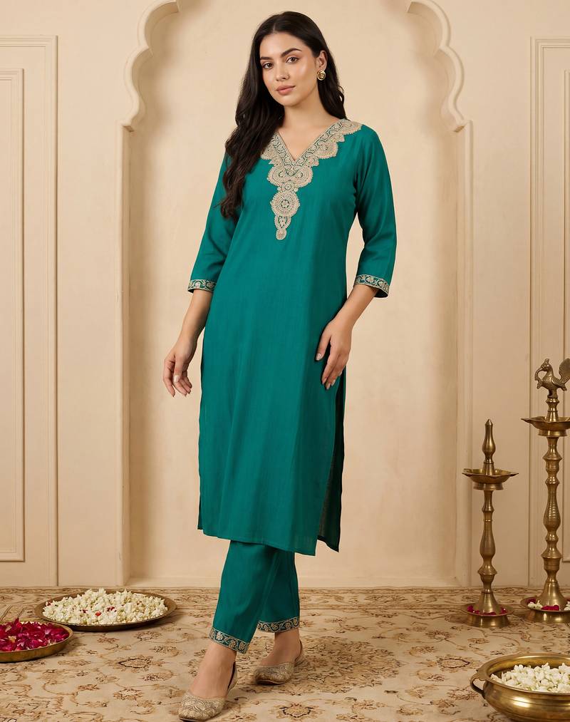 Green embroidered pure cotton kurta trouser set