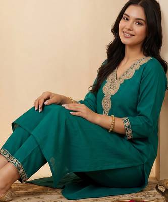 Green embroidered pure cotton kurta trouser set 2