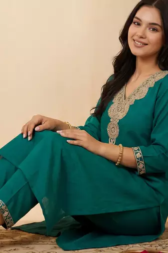 Green embroidered pure cotton kurta trouser set