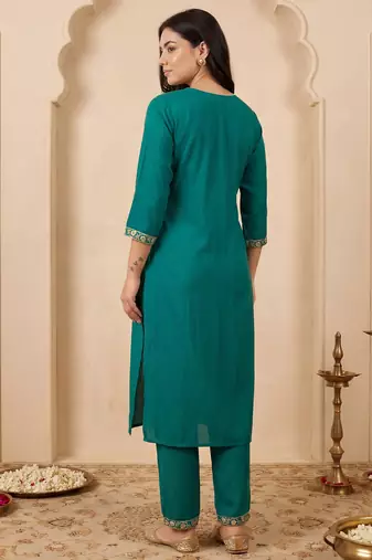 Green embroidered pure cotton kurta trouser set