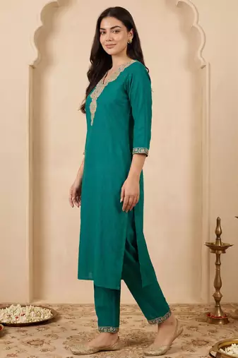 Green embroidered pure cotton kurta trouser set