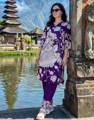 Purple printed pure cotton kurta trouser set 1