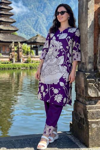 Purple printed pure cotton kurta trouser set