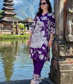 Purple printed pure cotton kurta trouser set