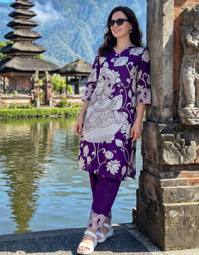 Purple printed pure cotton kurta trouser set