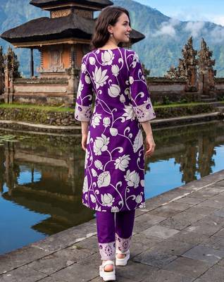 Purple printed pure cotton kurta trouser set 2