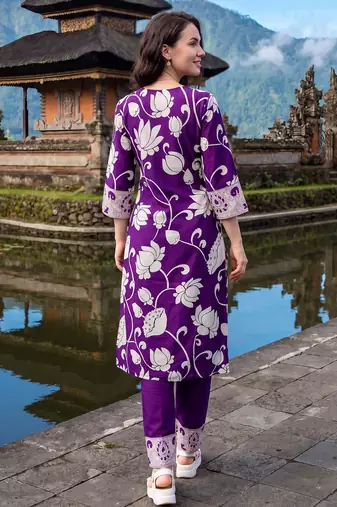 Purple printed pure cotton kurta trouser set