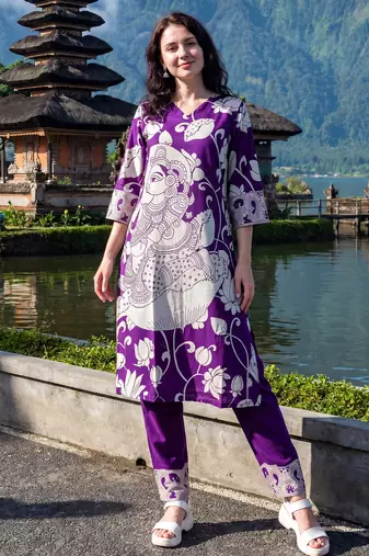 Purple printed pure cotton kurta trouser set