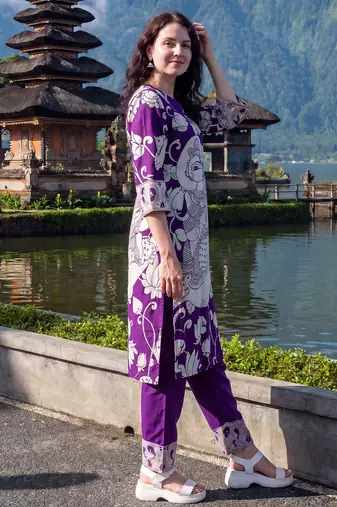 Purple printed pure cotton kurta trouser set
