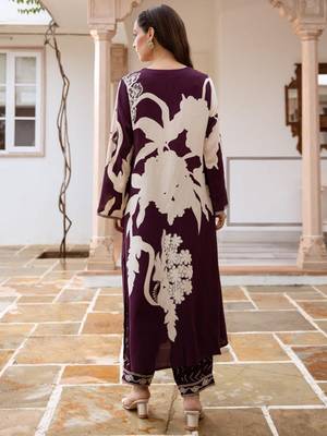 Burgundy printed viscose rayon kurta trouser set 2
