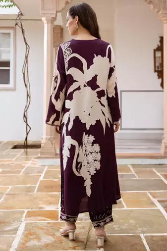 Burgundy printed viscose rayon kurta trouser set