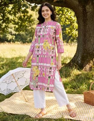 Purple printed pure cotton kurta trouser set 1