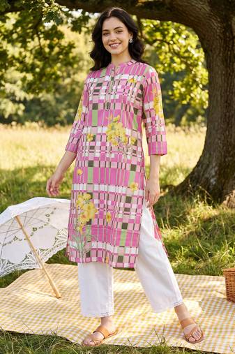 Purple printed pure cotton kurta trouser set
