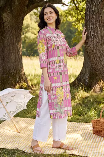 Purple printed pure cotton kurta trouser set