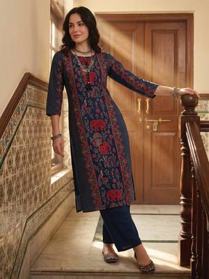 Blue printed pure cotton kurta trouser set 1