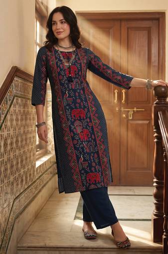 Blue printed pure cotton kurta trouser set