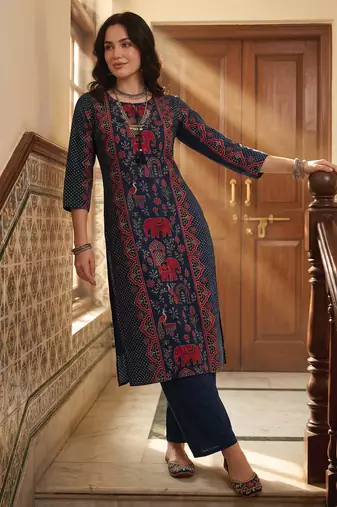 Blue printed pure cotton kurta trouser set