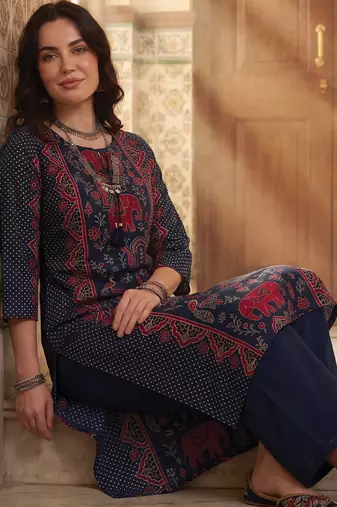 Blue printed pure cotton kurta trouser set