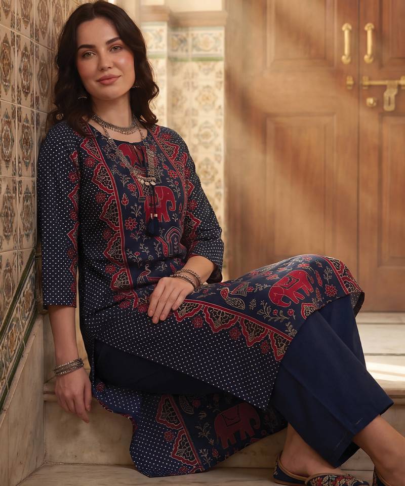 Blue printed pure cotton kurta trouser set