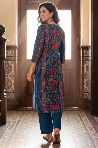 Blue printed pure cotton kurta trouser set