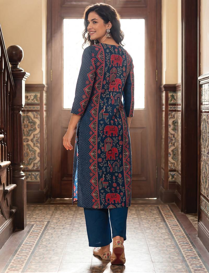 Blue printed pure cotton kurta trouser set