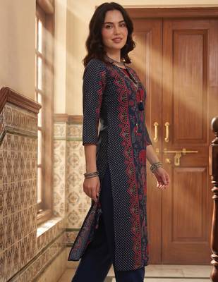 Blue printed pure cotton kurta trouser set 4