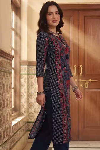 Blue printed pure cotton kurta trouser set