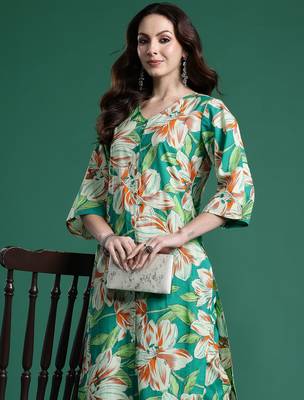 Green printed pure cotton kurta trouser set 1