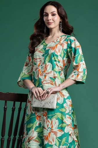 Green printed pure cotton kurta trouser set